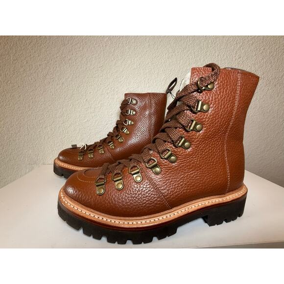 Grenson Nanette Shearling Lined Pebbled Leather Combat Boots Brown Women's